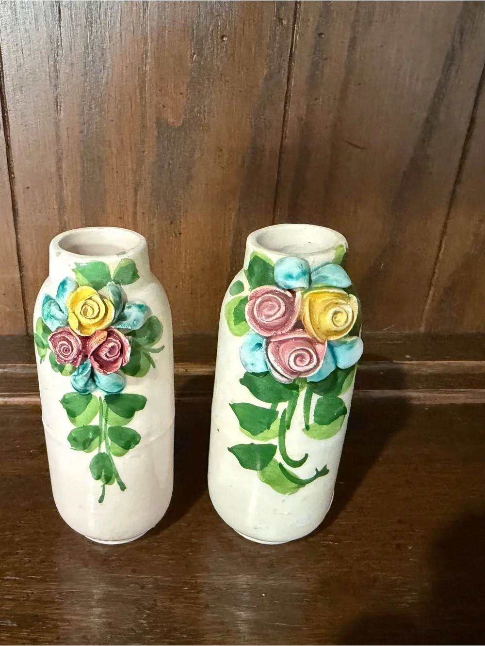 Hand-Painted Floral Ceramic Bud Vases - White with Multicolor Roses - 3.5